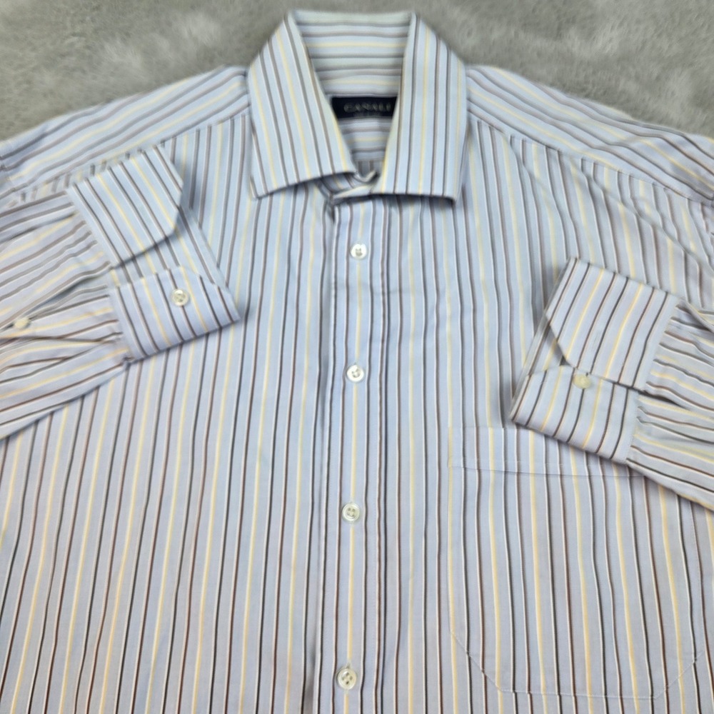 Canali Dress Shirt Mens 16 Striped Long Sleeve Button Down Blue Brown Tan Cotton